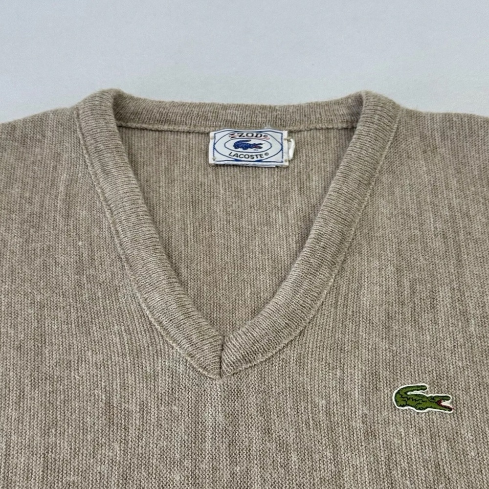 Lacoste IZOD Mens Sweater Extra Large Tan V-Neck Acrylic Long Sleeve Vintage 70s